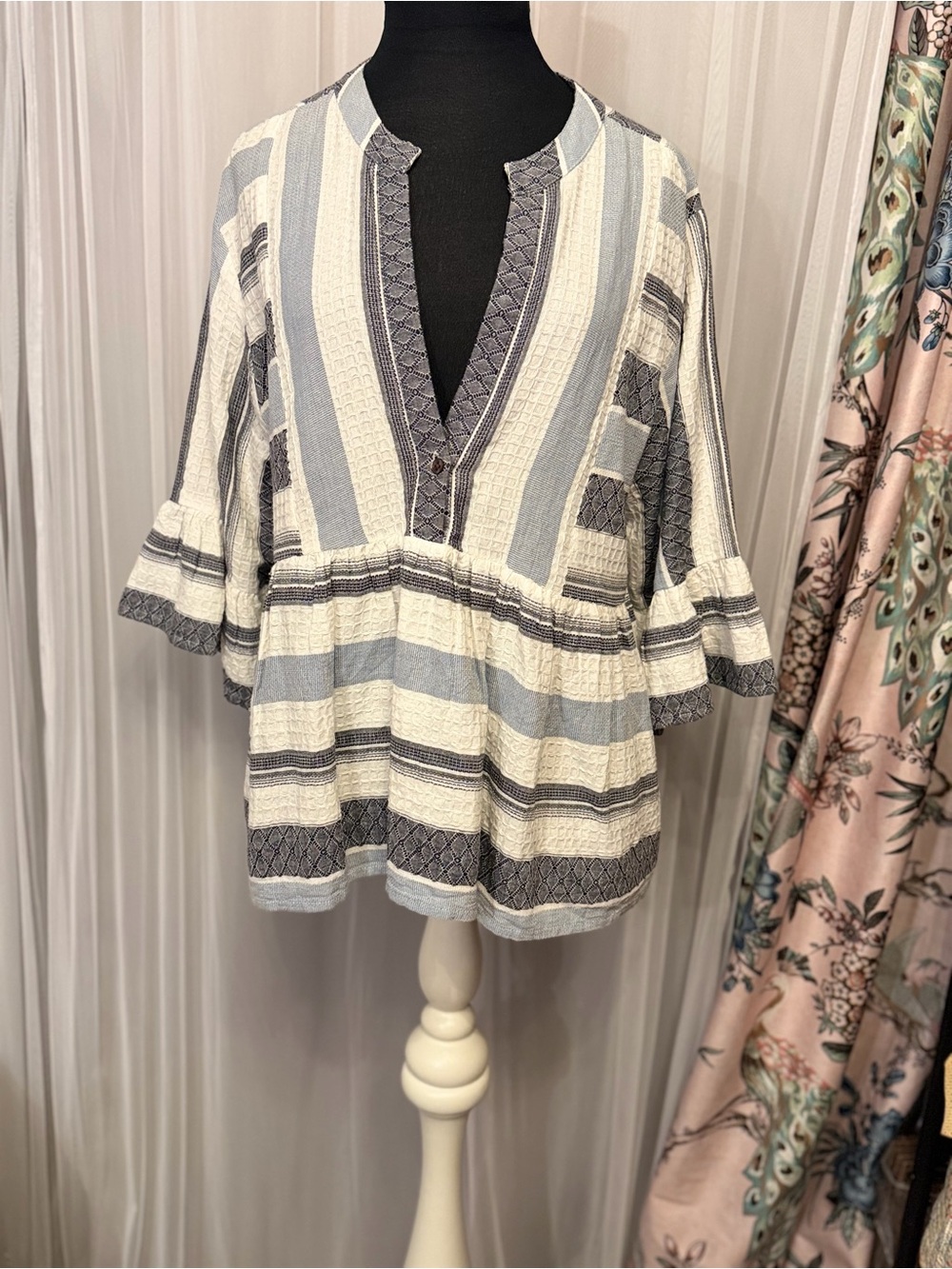 THML Blue Ivory Textured Stripe Cotton Boho Tunic Blouse Size L